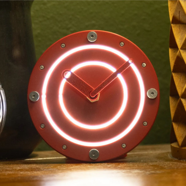 Futuristic Red LED Desk Clock – Glow Ring Industrial Design